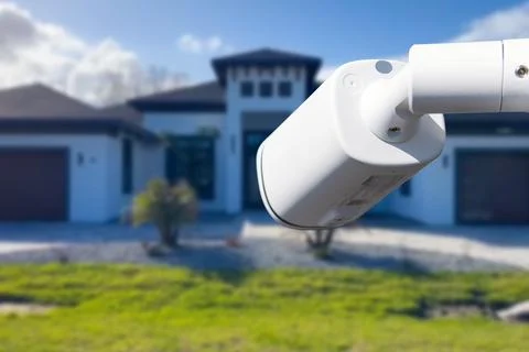 Security camera and private house on the background. Stock Photos