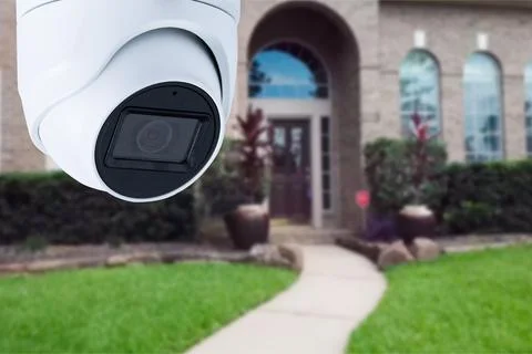 Security camera and private house on the background. Stock Photos