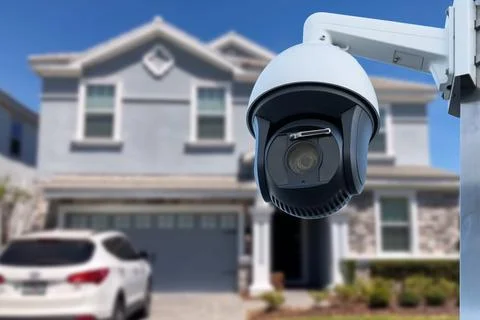 Security camera and private house on the background. Stock Photos