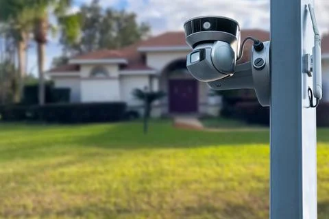Security camera and private house on the background. Stock Photos