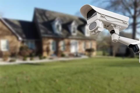 Security camera and private house on the background. Stock Photos