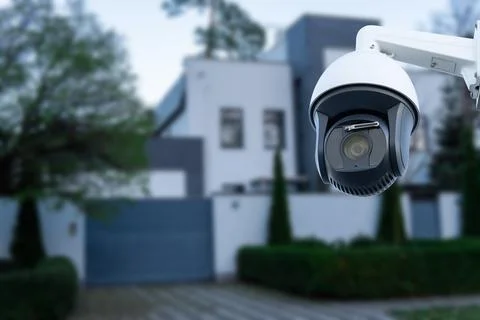 Security camera and private house on the background. Stock Photos