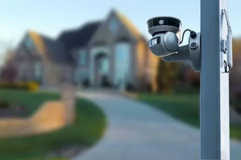 Security camera and private house on the background. Stock Photos