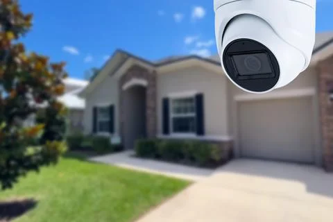 Security camera and private house on the background. Stock Photos