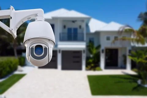 Security camera and private house on the background. Stock Photos