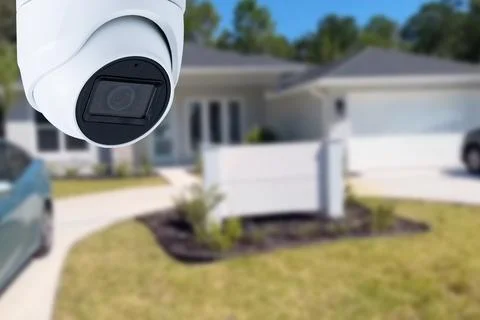 Security camera and private house on the background. Stock Photos