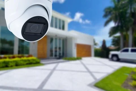 Security camera and private house on the background. Stock Photos