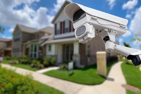 Security camera and private house on the background. Stock Photos
