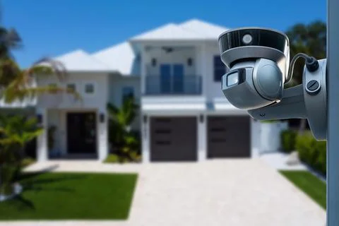 Security camera and private house on the background. Stock Photos