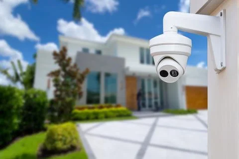 Security camera and private house on the background. Stock Photos