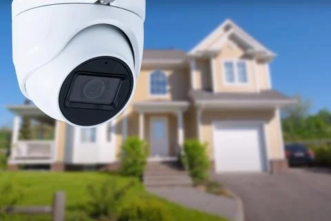 Security camera and private house on the background. Stock Photos