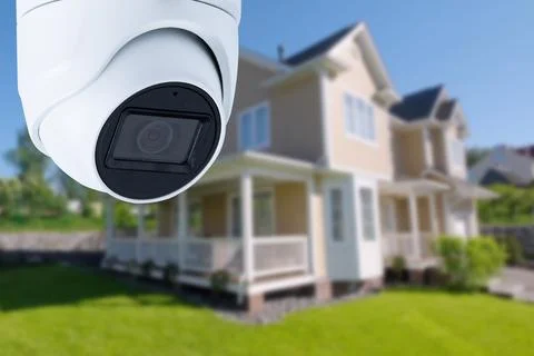 Security camera and private house on the background. Stock Photos