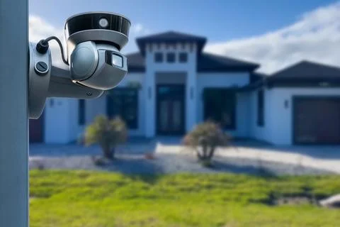 Security camera and private house on the background. Stock Photos