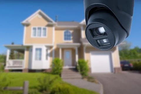Security camera and private house on the background. Stock Photos