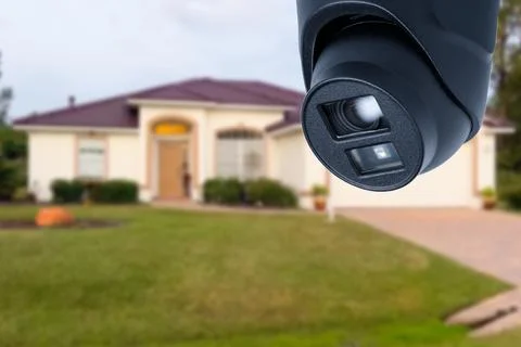 Security camera and private house on the background. Stock Photos