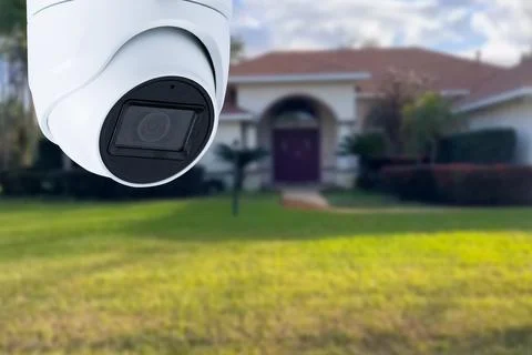 Security camera and private house on the background. Stock Photos