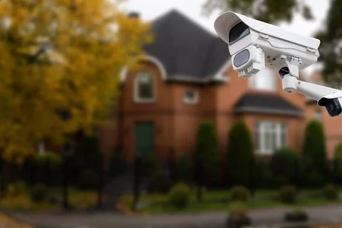 Security camera and private house on the background. Stock Photos
