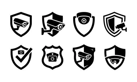 Security camera and shield icons representing property protection concepts Stock Illustration