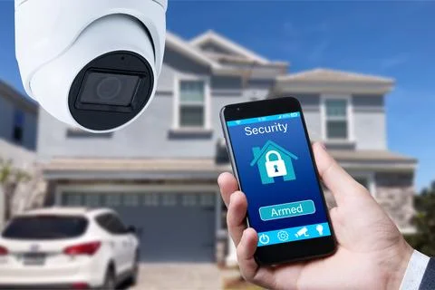 Security camera and smart home app, private house on the background. Stock Photos