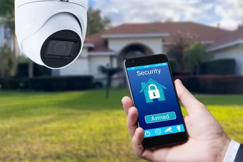 Security camera and smart home app, private house on the background. Stock Photos