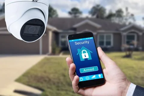 Security camera and smart home app, private house on the background. Stock Photos