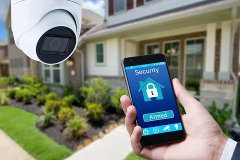 Security camera and smart home app, private house on the background. Stock Photos