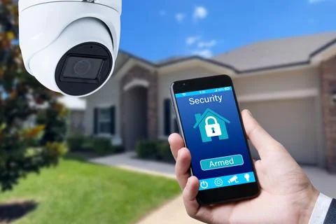 Security camera and smart home app, private house on the background. Stock Photos