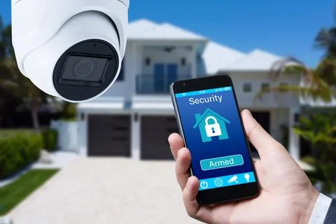 Security camera and smart home app, private house on the background. Stock Photos