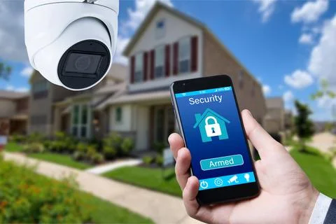 Security camera and smart home app, private house on the background. Stock Photos