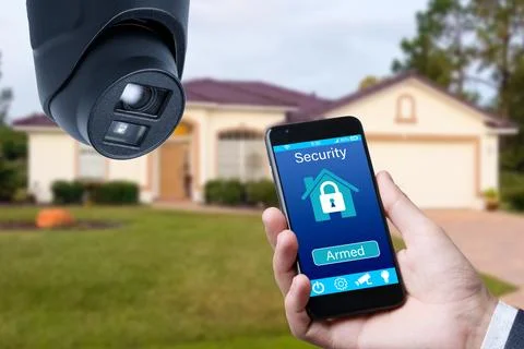 Security camera and smart home app, private house on the background. Stock Photos
