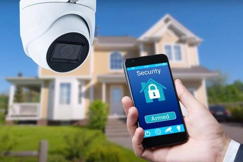 Security camera and smart home app, private house on the background. Stock Photos