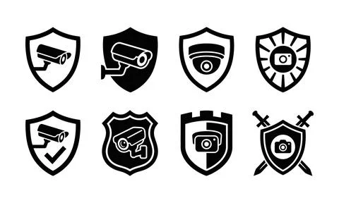Security camera and surveillance shield icon set for protection Stock Illustration
