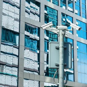 Security camera and urban video, CCTV with building background Stock Illustration