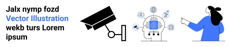 Security camera, artificial intelligence brain with technology icons, person  Stock Illustration