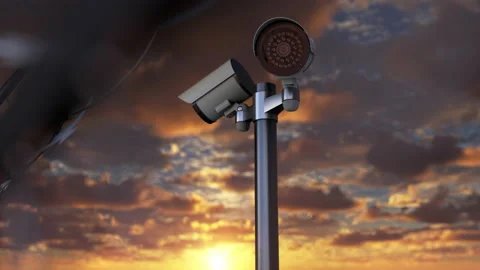 Security camera behind iron fence with restricted area and keep out placard Stock Footage 151770413