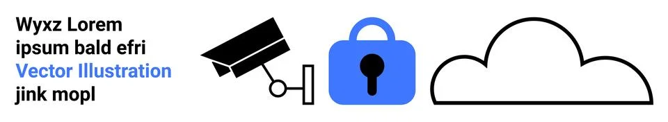 Security camera, blue padlock, and cloud symbol. Ideal for cybersecurity, dat Illustrazione stock