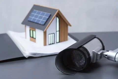 Security camera CCTV with miniature smart home model featuring solar panels.  Stock Photos