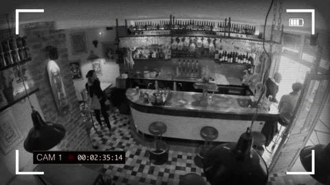 Security Camera CCTV Overview of Empty Bar Counter and Lounge Area Видео 347721294