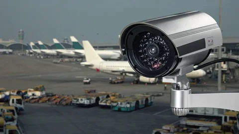 Security camera (CCTV) on the runway with airplanes in the international airport Video stock 83231644