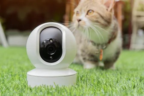 Security camera CCTV setting outdoor in the garden with blurred of domestic.. Stock Photos