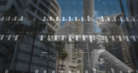 Security camera cluster watching as translucent bar chart fading in, line graph Stock Footage 327528039
