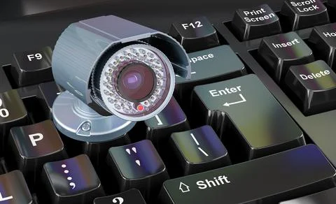 Security camera on computer keyboard concept, 3D rendering Stock Illustration