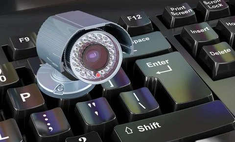 Security camera on computer keyboard concept, 3D rendering Security camera... Stock Photos