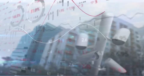 Security camera featuring analytics overlay fading in, graphs flowing, bars Stock Footage 312467429