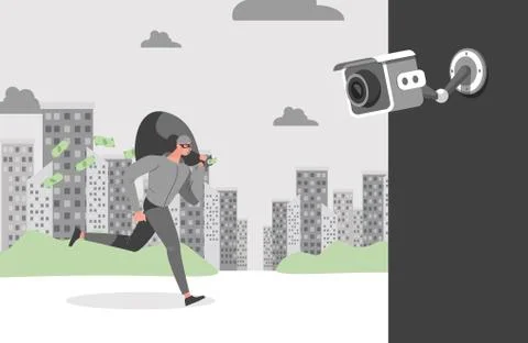 Security camera filming thief with loot. Face recognition system, robber with Stock Illustration