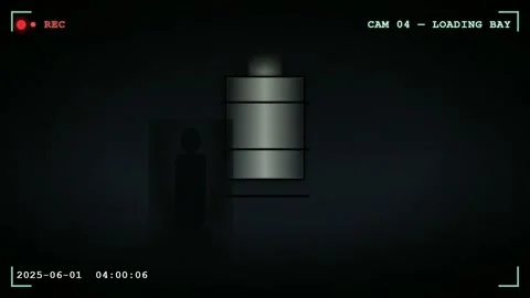Security camera footage of a dark loading bay with motion detection and digital Stock Footage 345751368