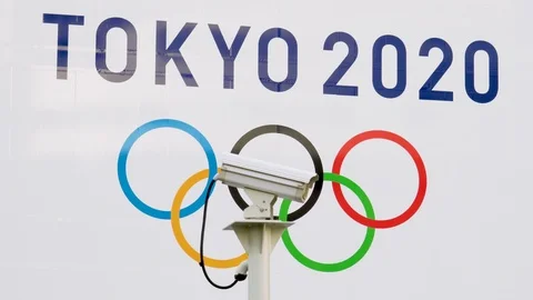 A security camera in front of the five rings olympic symbol for Tokyo 2020 games Stock Footage 124764858