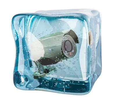 Security camera frozen in ice cube, 3D rendering Stock Illustration