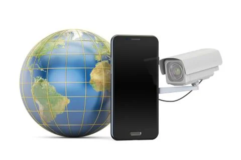 Security camera with globe Earth and phone, 3D rendering Stock Illustration