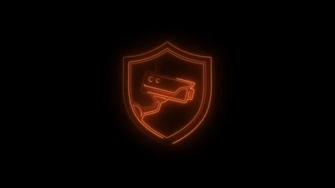 Security camera glowing neon line icon animation with shield on black backg.. Stock Footage 338253194